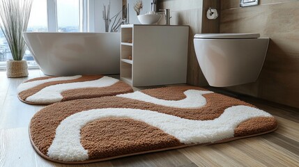Poster - This stylish bathroom carpet features a soft shaggy texture with abstract shapes in brown and white, beautifully complementing the wooden floor and bathroom fixtures for a warm, inviting atmosphere