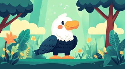 Fototapete - Vibrant cartoon eagle artwork in D, featuring simple lines and textures for a modern flat illustration look.
