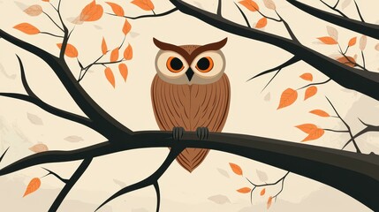 Wall Mural - A serene owl perched on a tree branch, rendered in a minimalist flat design with soft pastel hues and smooth lines.