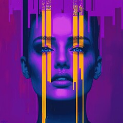 Wall Mural - A vibrant, abstract portrait featuring a woman with bold colors and digital distortion, evoking a modern and futuristic aesthetic.