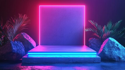 Aufkleber - An empty showcase features glowing geometric shapes with a vivid neon backdrop, complemented by natural stones and tropical plants, ideal for presentations of modern gadgets