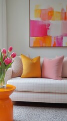 Leinwandbilder - A cozy space with soft lighting boasts a pink and white checkered sofa with colorful pillows, an eye-catching abstract painting, and a bright orange side table with tulips