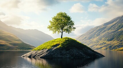 Isolated by its surroundings, a tree rises high on a hill next to a stretch of water