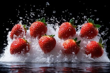 Wall Mural - Fresh strawberries splashing in water, showcasing vibrant colors and texture.