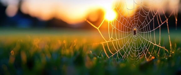 dew-kissed spiderweb at sunset, meadow background