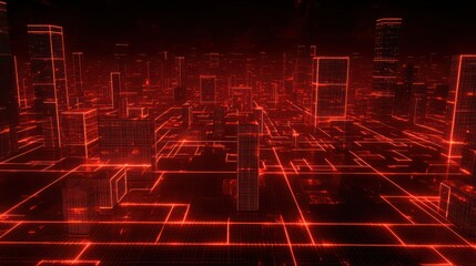 Poster - Abstract Futuristic Cityscape with Glowing Red Grid, Cyberpunk Vibe