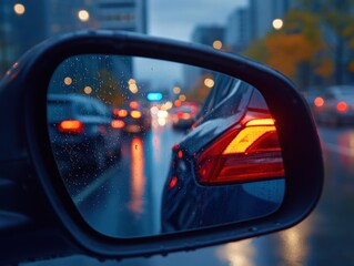 Wall Mural - Rainy City Traffic Reflected in Car Mirror