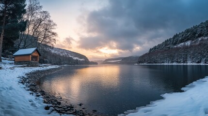 Poster - Serene winter sunset over a calm lake with a small cabin on the snow-covered shore, surrounded by tranquil hills covered in snow and trees.