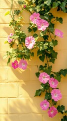Aufkleber - Delicate pink flowers cascade gracefully down a light yellow wall, their vibrant colors harmonizing beautifully. The setting feels serene, inviting a sense of peace and warmth