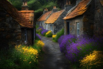 Wall Mural - Charming stone cottages line a path bordered by vibrant lavender and yellow flowers.