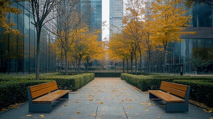 Wall Mural - Autumnal city park with benches, paved pathway, and golden leaves under skyscrapers.