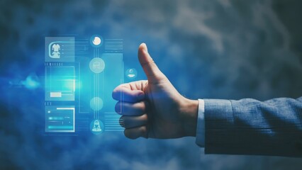 adult man giving thumbs up with futuristic interface