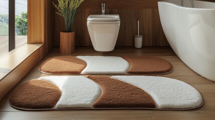 Aufkleber - Soft shaggy bathroom rugs in abstract shapes complement wooden floor tiles and enhance the warmth and comfort of your bathing area, inviting relaxation after a long day