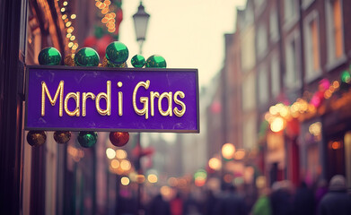 A vibrant purple Mardi Gras sign with festive Christmas-style decorations stands on a lively street, adorned with green, gold, and red ornaments, while people stroll in the blurred background.