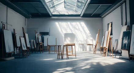 Poster - Sunlit art studio interior with easels, canvases, and wooden stools.