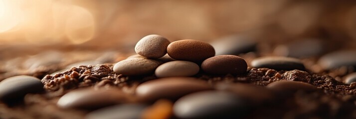 Poster - Stacked smooth stones on a bed of gravel in warm light.