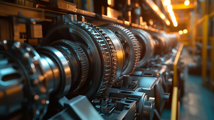 Wall Mural - Close-up of machine parts being disassembled and repaired, focusing on the gearbox design components, symbolizing engineering precision and the complexity of modern systems. Empty space on the side.

