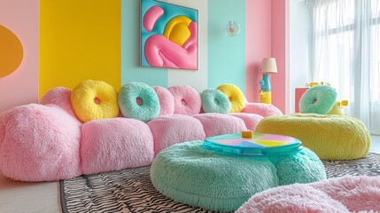 Poster - This vibrant living room features a cozy arrangement of fluffy pastel pink and blue furniture, with colorful decor that creates a playful and inviting space perfect for relaxation and fun