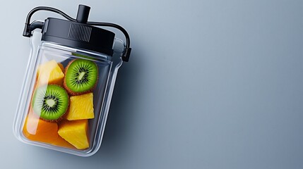 Wall Mural - Vibrant fruit salad in a clear container against a minimalist blue background, ideal for health-focused media