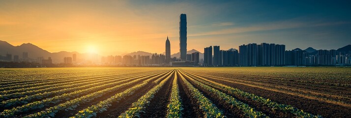 Wall Mural - Sunrise over agricultural field with cityscape in background.