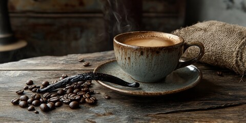 Wall Mural - Steaming cup of coffee with vanilla bean and coffee beans on rustic wooden table.