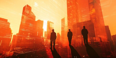 Wall Mural - Three silhouetted figures stand in a futuristic cityscape at sunset.