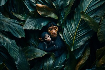 Poster - A mother chimpanzee gently cradles her infant amidst lush, dark green foliage.