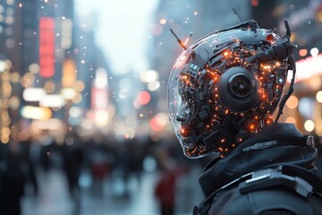 Poster - Futuristic robot figure stands in a bustling urban environment at night with glowing elements and a vibrant city backdrop