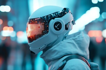 Poster - futuristic astronaut in a vibrant cityscape at night with neon lights and bustling crowds