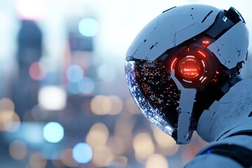 Poster - Futuristic robot with luminous helmet gazes at a vibrant cityscape during twilight hours