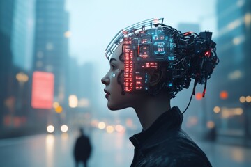 Poster - Futuristic portrait of a woman with cybernetic enhancements in a city environment during twilight
