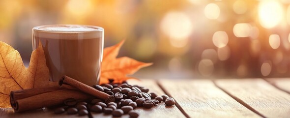 Wall Mural - Autumnal coffee cup with cinnamon sticks and coffee beans on wooden table.