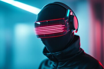 Poster - Futuristic figure wearing neon-lit headset in a dimly lit urban environment at night