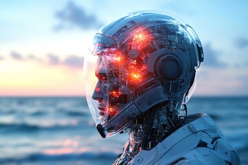 Poster - Futuristic robotic figure standing by the ocean at sunset with glowing features and intricate technology