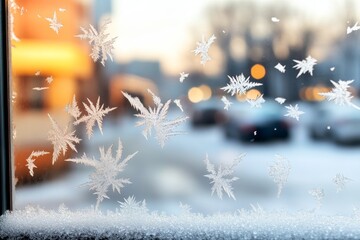 Poster - Intricate frost patterns adorn a window with a winter scene outside during sunset