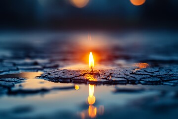 Poster - Candle flame flickering on cracked surface illuminated by soft bokeh lights at dusk