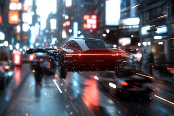 Flying car navigating a futuristic cityscape with vibrant neon lights at night