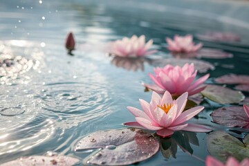 Wall Mural - Soft pink flowers gently floating on a serene water surface amidst ripples and subtle waves in a dreamy scene, delicate petals, serene, peaceful atmosphere