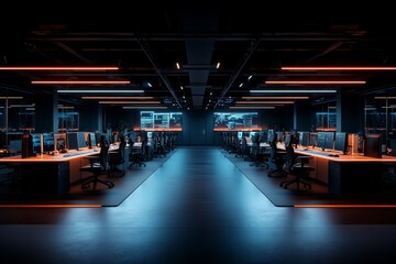 Poster - modern workspace with high-tech monitors and ambient lighting in a corporate setting at night