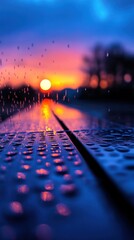 Wall Mural - Sunset rain park bench reflection droplets