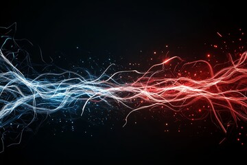 Poster - Dynamic fusion of blue and red light creating energetic waves in a dark background