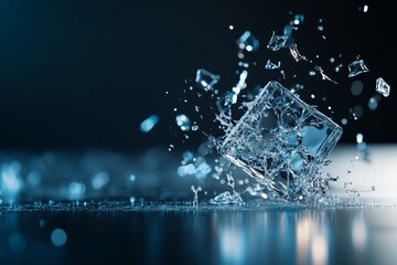 Poster - Ice cube creates a dynamic splash on a reflective surface in a dark setting capturing moments of motion and fluidity