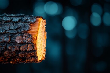 Poster - Detailed close-up of a freshly cut log showcasing vibrant wood grain and bark textures against a soft blue background