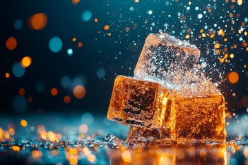 Poster - Shimmering ice cubes splash in vibrant colors creating a mesmerizing effect in a dark setting