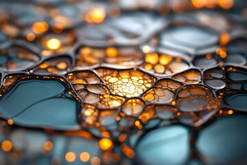 Poster - Abstract close-up of vibrant bubbles and shimmering liquid in a unique pattern during dawn