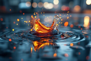 Poster - Water splash with bright orange droplets reflecting in a calm environment during twilight