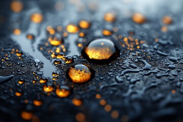 Poster - Light reflections create captivating patterns on water droplets resting on a dark surface in a close-up view
