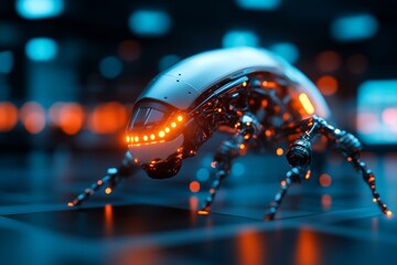 Poster - Robotic insect with glowing accents explores futuristic environment