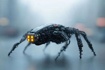Poster - Robot spider traverses a foggy urban environment at dusk showcasing intricate design and technology