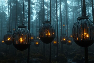 Wall Mural - Mysterious forest adorned with glowing lanterns creating an enchanting atmosphere at dusk